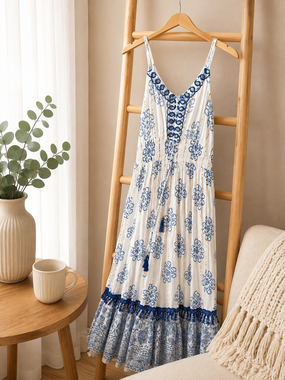 Magic White & Blue Floral Maxi Dress with V-Neck